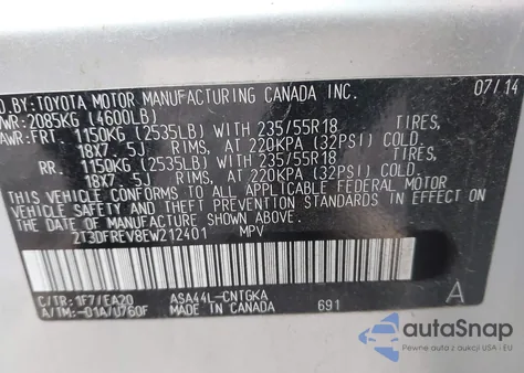 2014 Toyota Rav4 Limited z USA, uszkodzony, nr VIN 2T3DFREV8EW212401